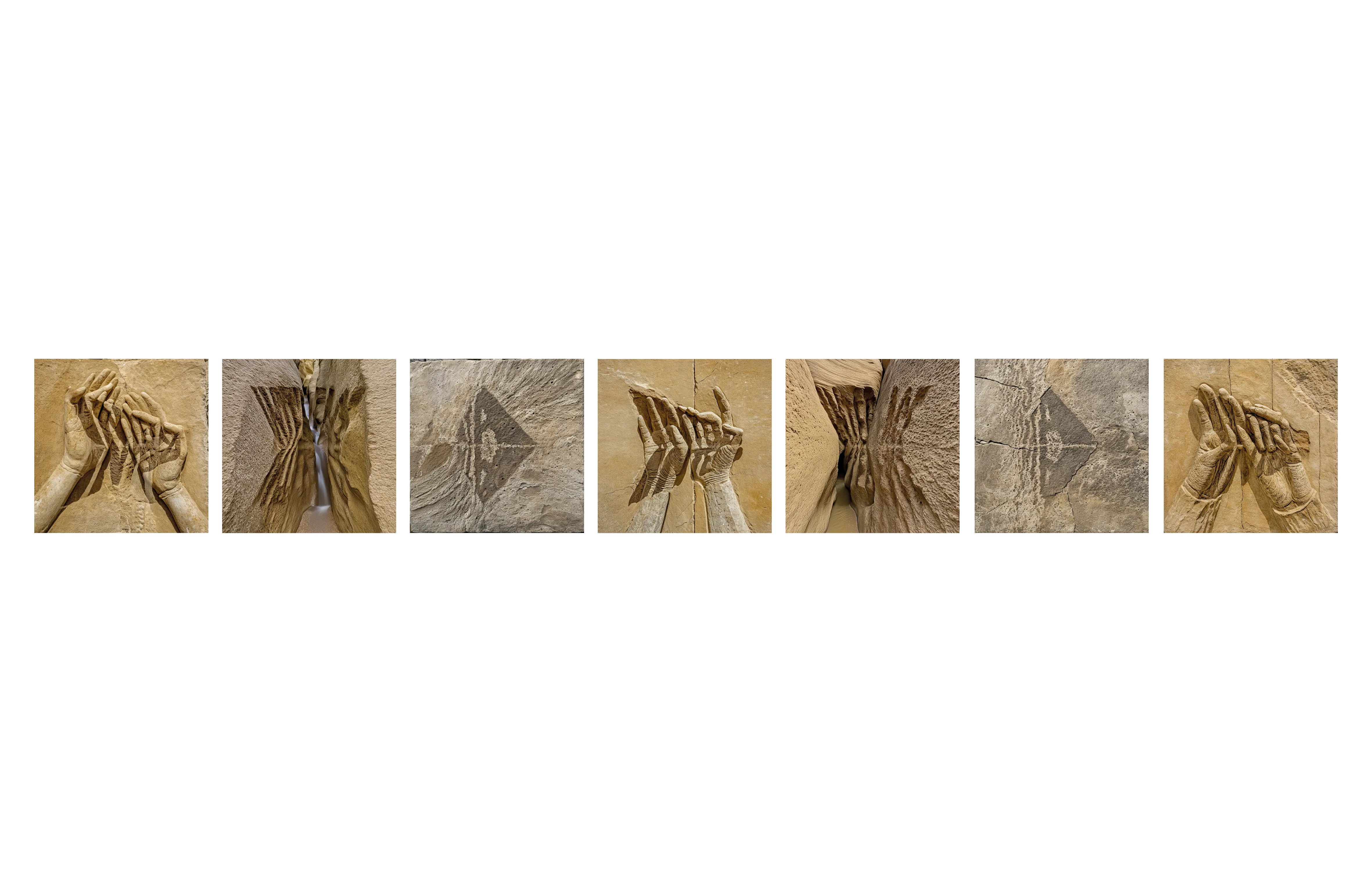 A row of seven stone images across a spread.
