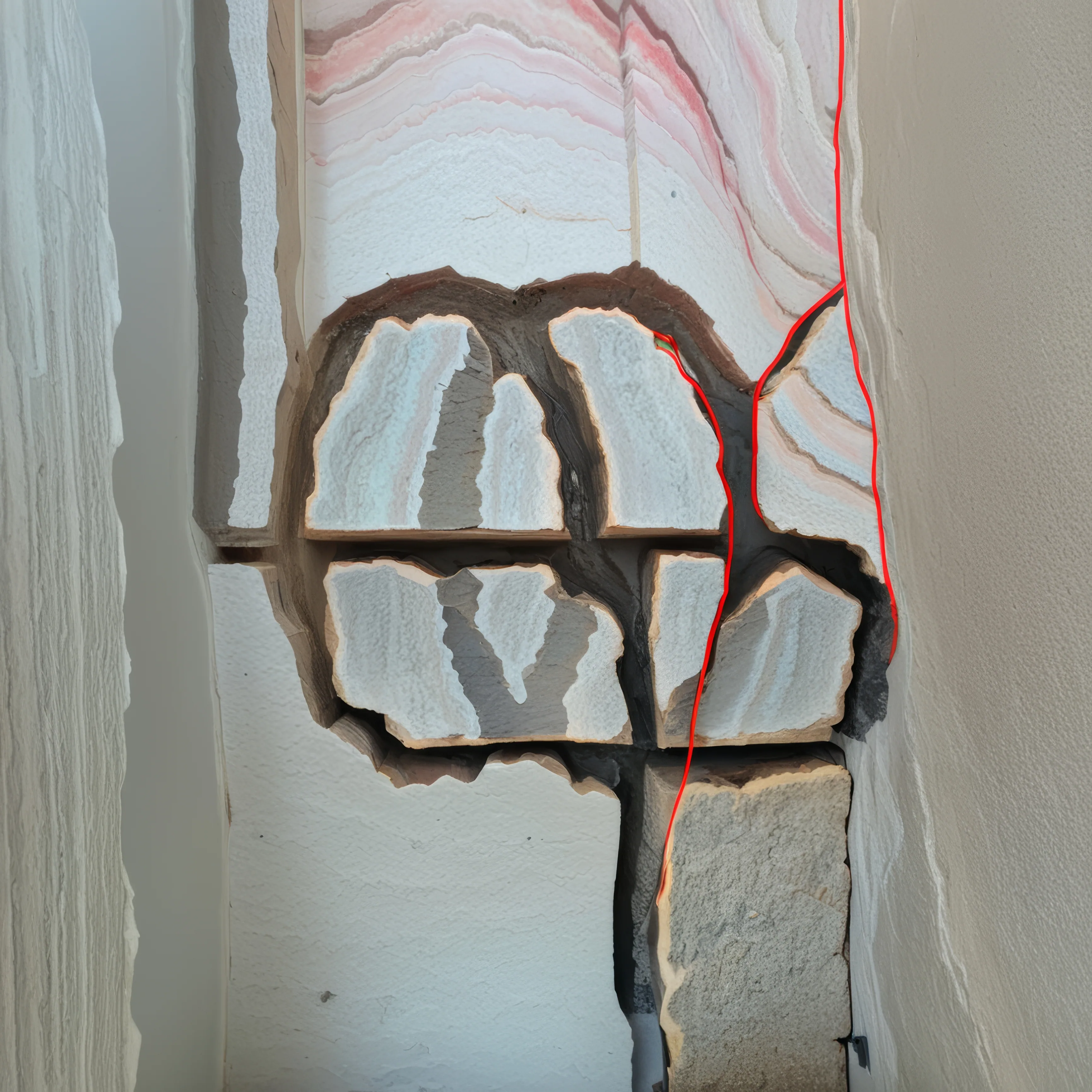 Sedimented strata, pale, with a red seam.