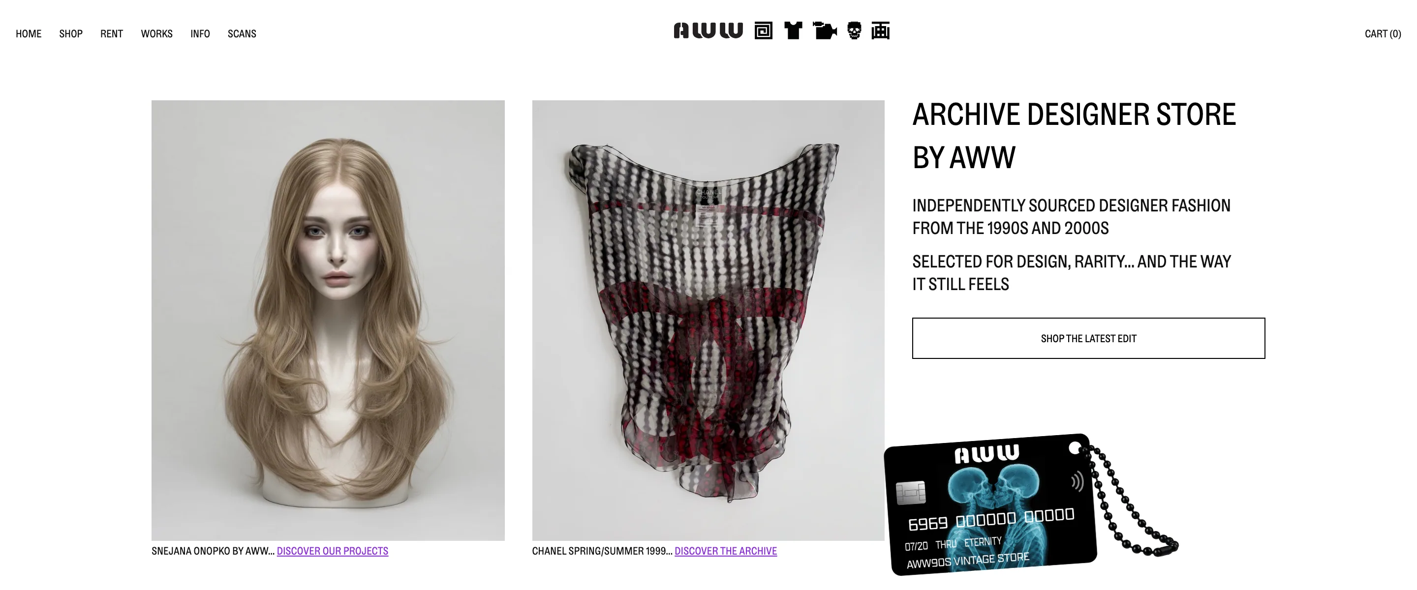 AWW90s homepage — archive pieces, type block and membership card.